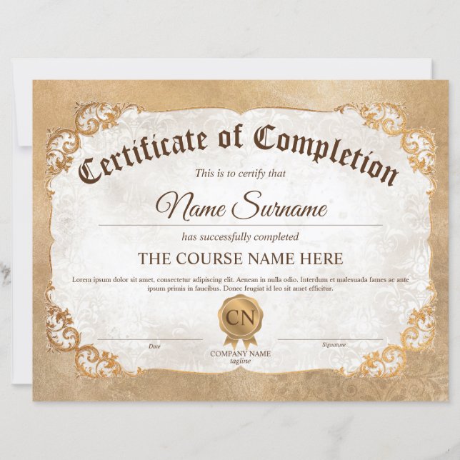 Diploma Certificate of Completion Award Course  (Front)