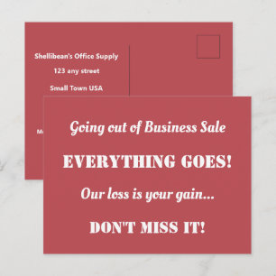 Direct Mail Going Out of Business Sale Advertising Postcard