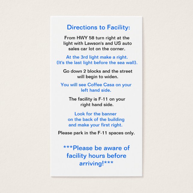 Directions to Facility in Okinawa (Front)