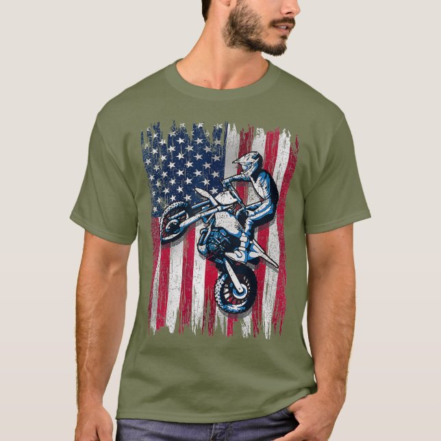 Dirt Bike American Flag Motocross Biker Gift 4th T-Shirt (Front)