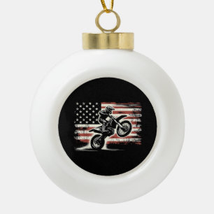 Dirt Bike American Flag Motocross Biker Vintage US Ceramic Ball Christmas Ornament