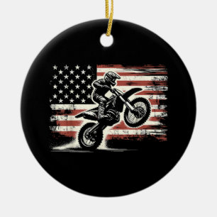 Dirt Bike American Flag Motocross Biker Vintage US Ceramic Tree Decoration