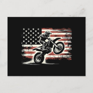 Dirt Bike American Flag Motocross Biker Vintage US Holiday Postcard