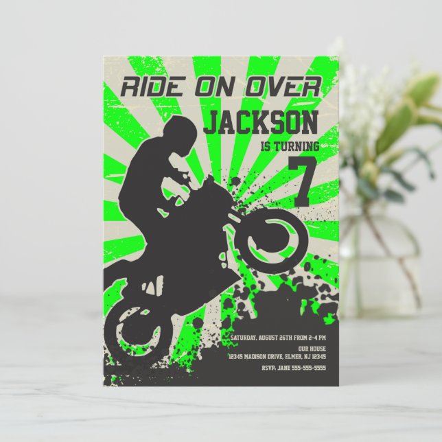 Dirt Bike Birthday Invitation / Motocross / Green (Standing Front)