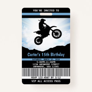 Dirt Bike Birthday Invitation VIP Pass ID Badge
