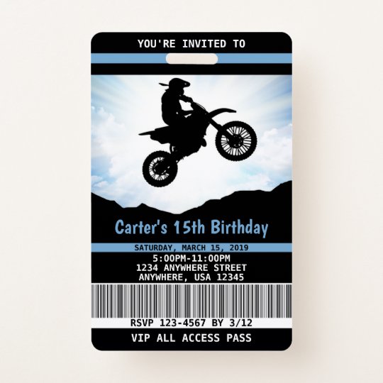 Dirt Bike Birthday Invitation Vip Pass Id Badge Zazzle Co Uk