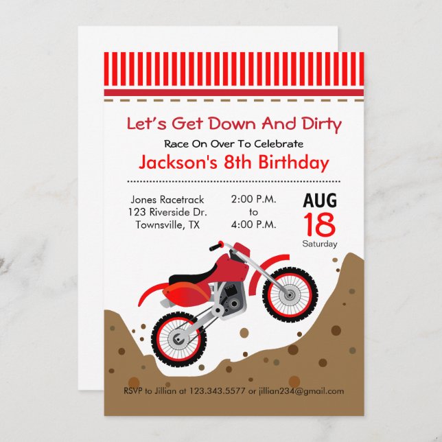 Dirt Bike Birthday Party Invitation in red (Front/Back)