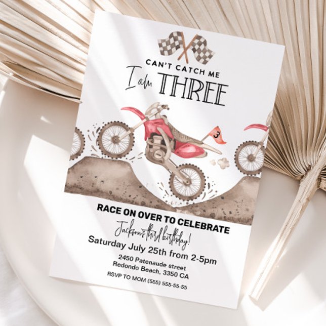 Dirt Bike Cant Catch Me, I am Three invitation (Red Dirt Bike, Can't Catch Me, I am THREE, third birthday invitation)