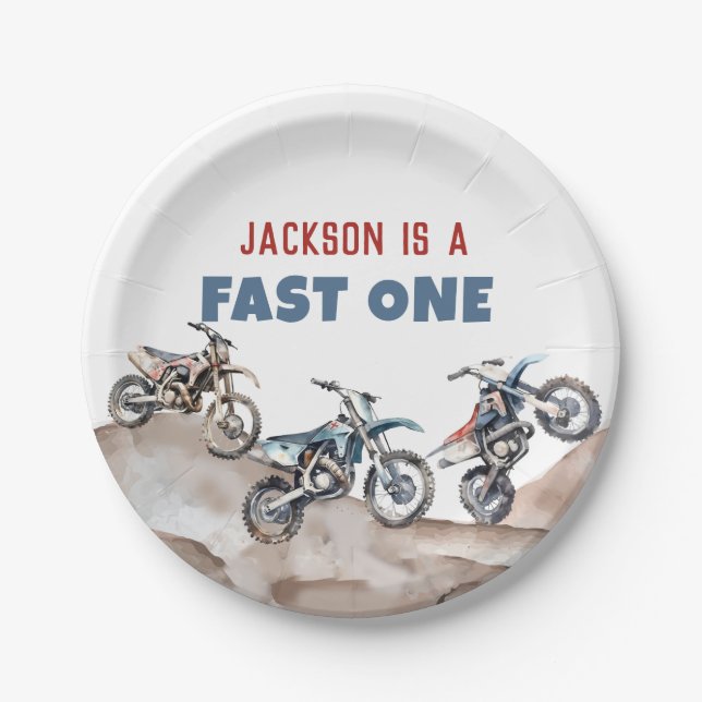 Dirt Bike Fast One Birthday Party Paper Plates  (Front)