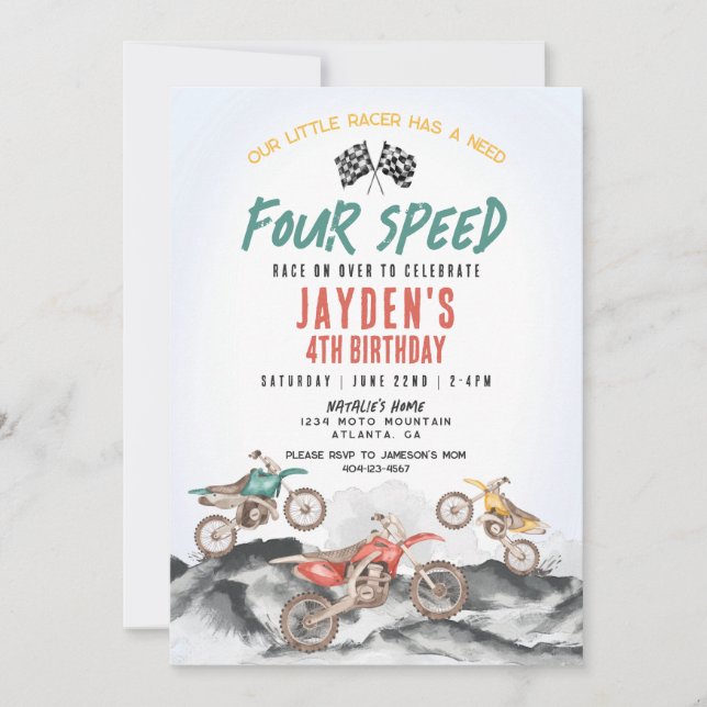 Dirt Bike Fourth Birthday Party Invitation for Boy (Front)