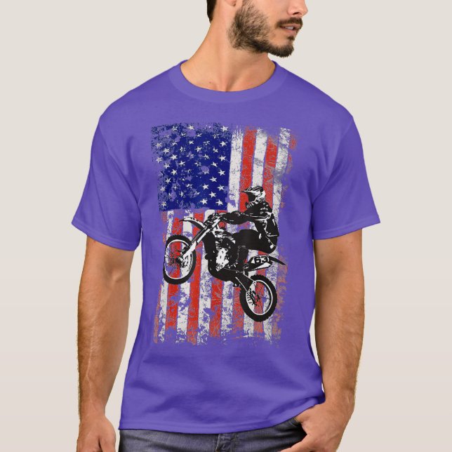 Dirt Bike Motocross Biker American Flag USA 4th T-Shirt (Front)