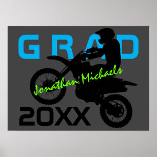 Dirt Bike Motocross Blue Green Grey Graduation Poster