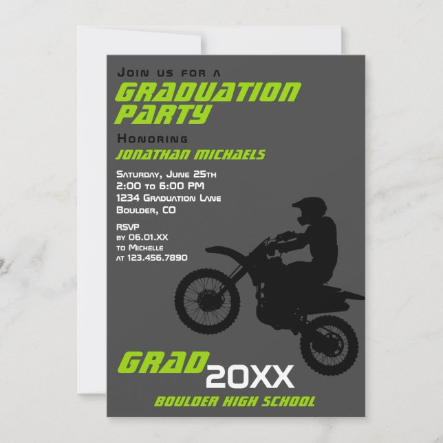 Dirt Bike Motocross PHOTO Green Graduation  Invitation (Front)