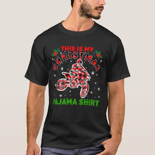Dirt Bike Motocross Plaid Biker Christmas Pajama T-Shirt (Front)