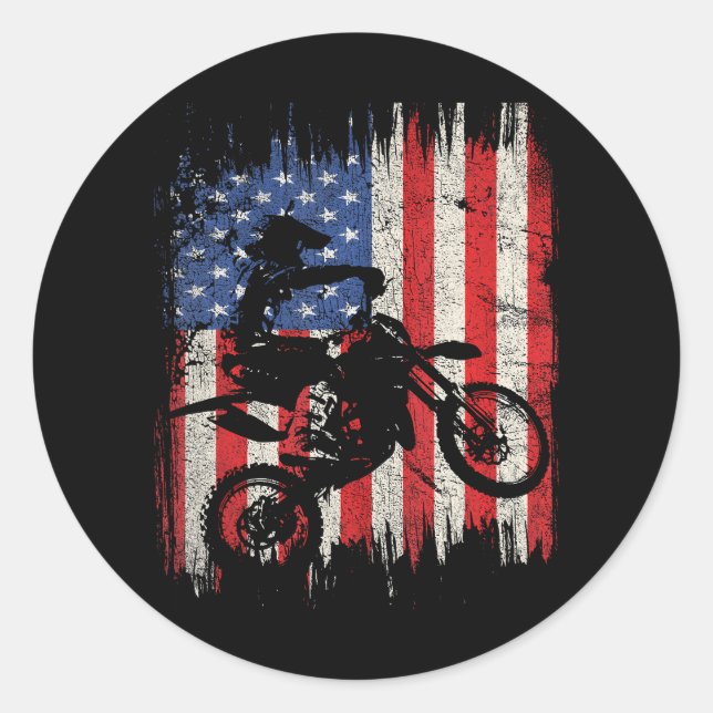 Dirt Bike Motocross USA American Flag Patriotic Classic Round Sticker (Front)