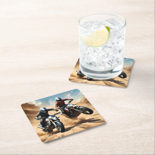 Dirt Bike Motorbikes Racing In The Desert, Square Paper Coaster
