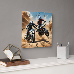 Dirt Bike Motorbikes Racing In The Desert, Square Wall Clock