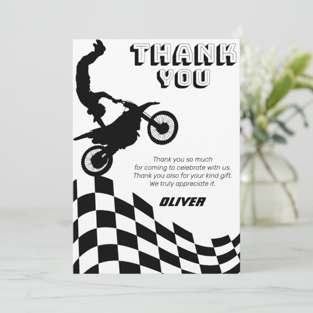 Dirt bike motorcycle racing boy birthday  thank you card (Standing Front)