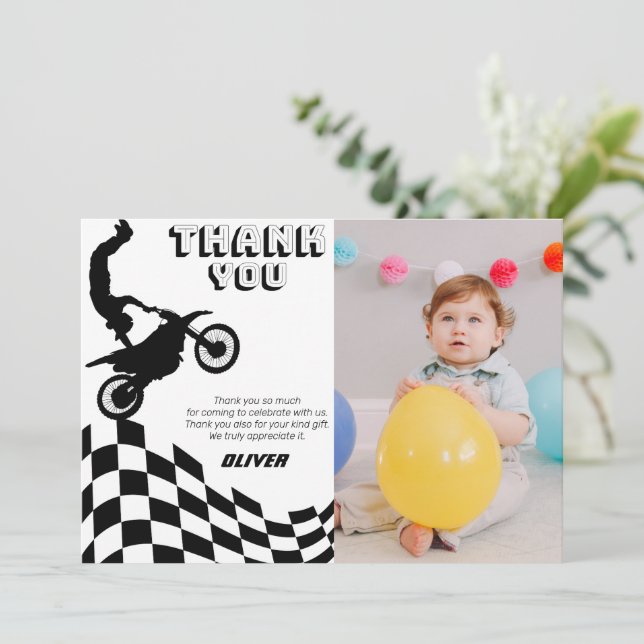 Dirt bike motorcycle racing boy photo birthday  thank you card (Standing Front)