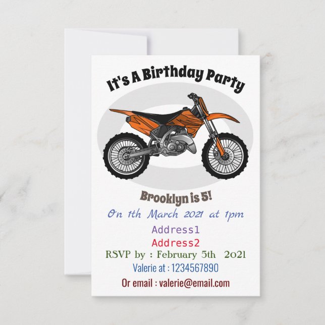 Dirt bike off-road motorcycle / motocross cartoon invitation (Front)
