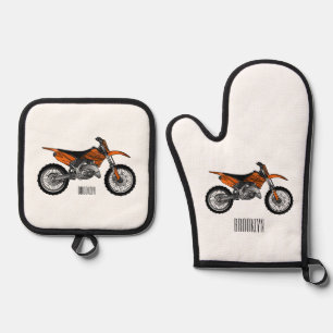 Dirt bike off-road motorcycle / motocross cartoon oven mitt & pot holder set