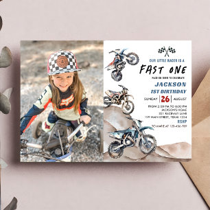 Dirt Bike Race Boy First Birthday Photo Invitation