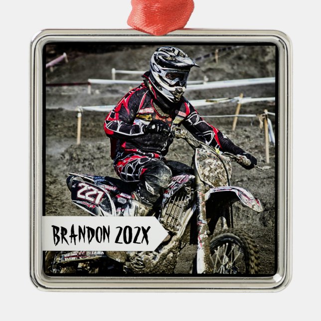 Dirt Bike Racer Personalized Name Photo Metal Tree Decoration (Front)