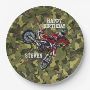 Dirt Bike Red Birthday Sport Motorcycle Cool Camo Paper Plate