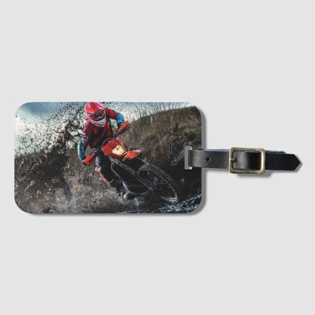 Dirt bike rider throw pillow luggage tag (Front Horizontal)