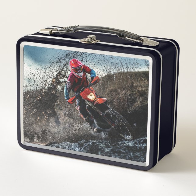 Dirt bike rider throw pillow metal lunch box (Front)