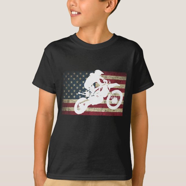 Dirt Bike Silhouette Distressed American Flag Moto T-Shirt (Front)