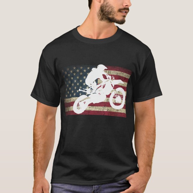 Dirt Bike Silhouette Distressed American Flag Moto T-Shirt (Front)
