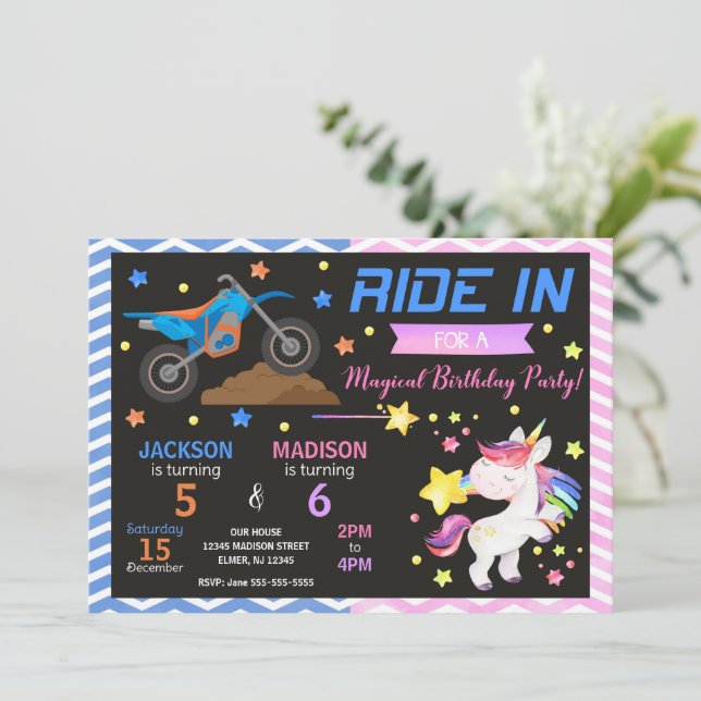Dirt Bike & Unicorn Joint Birthday Invitation (Standing Front)