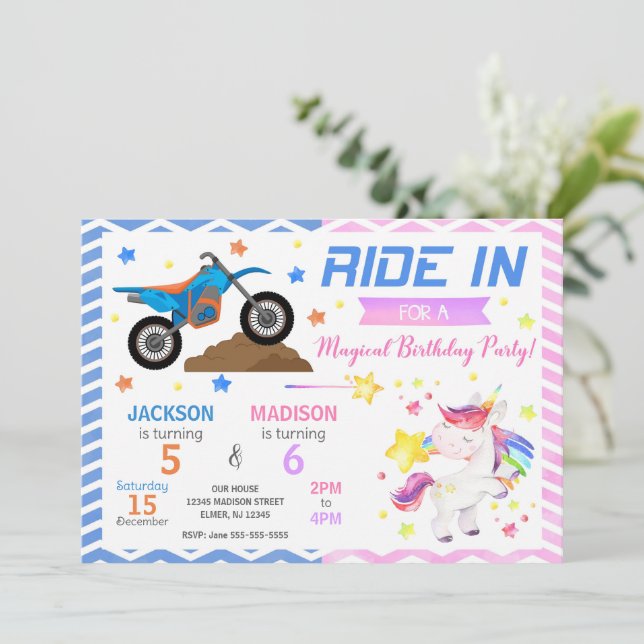 Dirt Bike & Unicorn Joint Birthday Invitation (Standing Front)