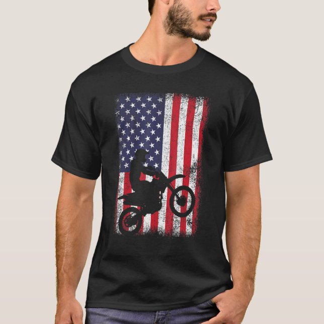 Dirt Bike Usa Flag Costume Motocross American Flag T-Shirt (Front)