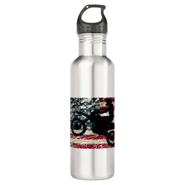 Dirt Bike USA Flag T-Shirt Motocross American Flag 710 Ml Water Bottle (Front)