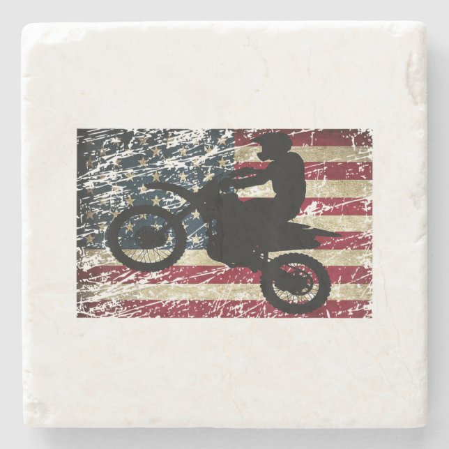Dirt Bike USA Flag T-Shirt Motocross American Flag Stone Coaster (Front)
