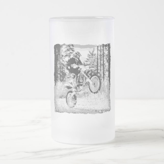 Dirt bike wheeling in the woods frosted glass beer mug (Center)