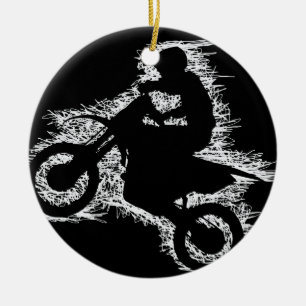 DIRT BIKE ( white scribble ) Ceramic Tree Decoration