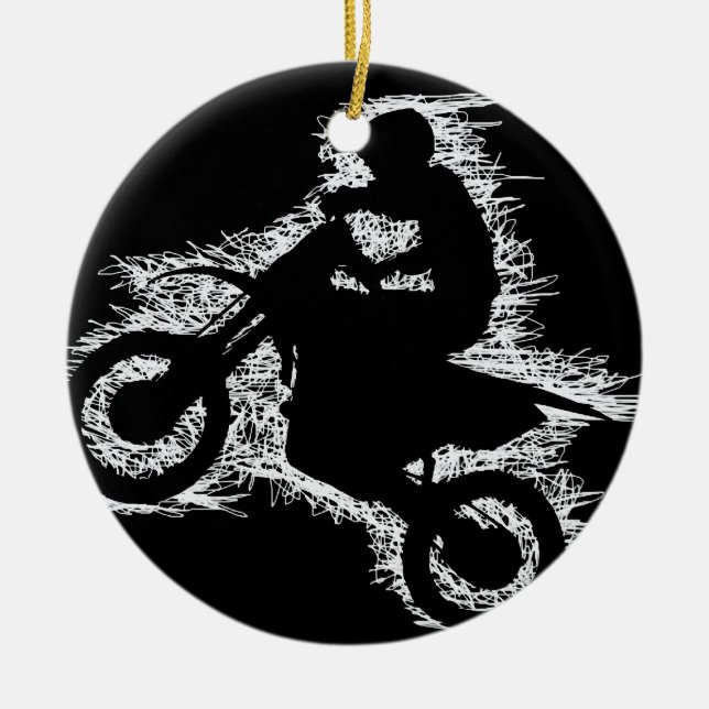 DIRT BIKE ( white scribble ) Ceramic Tree Decoration (Front)