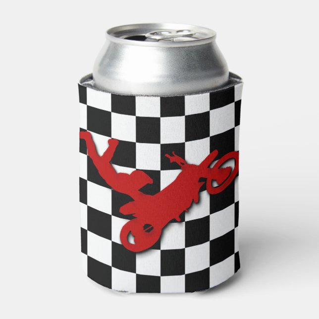 Dirt Biker on chequerboard pattern Can Cooler (Can Front)