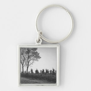 Dirt road by field B&W Key Ring