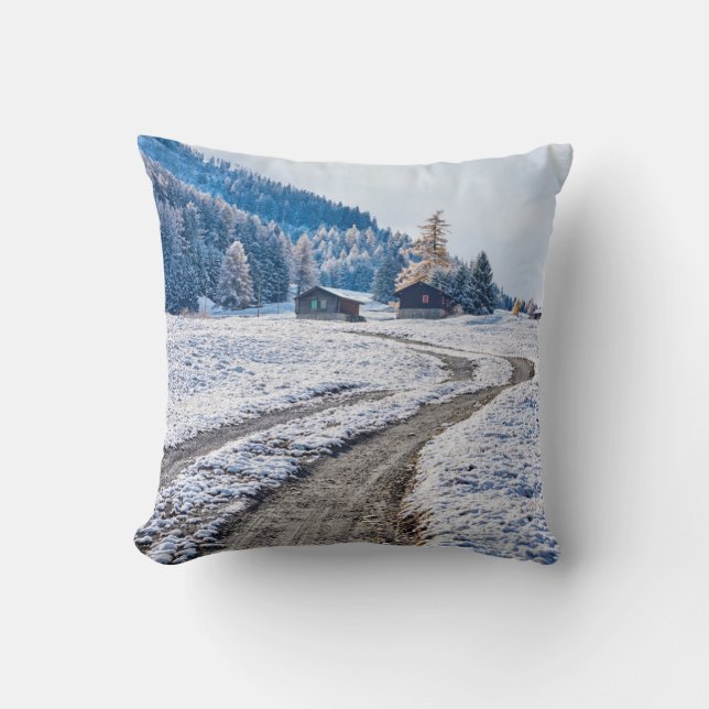 Dirt Road in the Snow Ground, European Alps Cushion (Front)