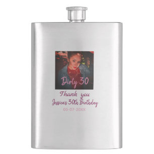 Dirty 30 Birthday add name pink add photo date Hip Flask