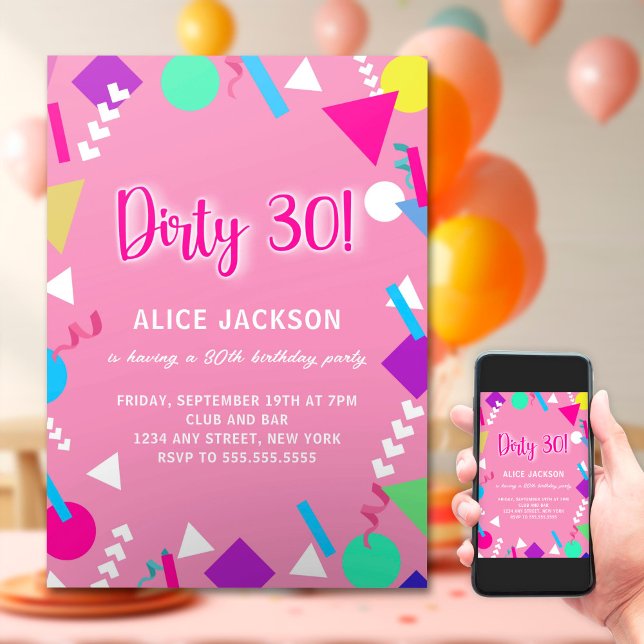 Dirty 30 Birthday Pink and Retro Invitation (Creator Uploaded)