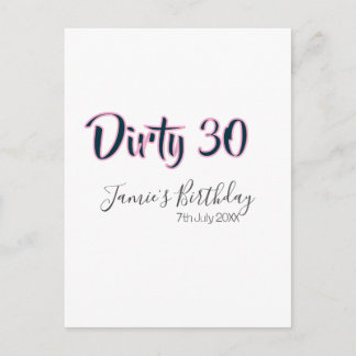 Dirty 30 happy birthday name date pink gray callig postcard