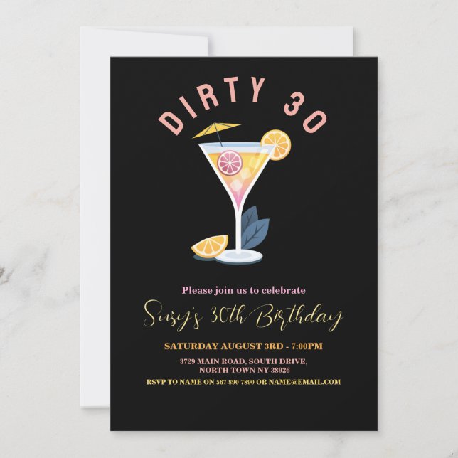 Dirty 30 Womens Birthday Thirty Cocktails Martini Invitation (Front)