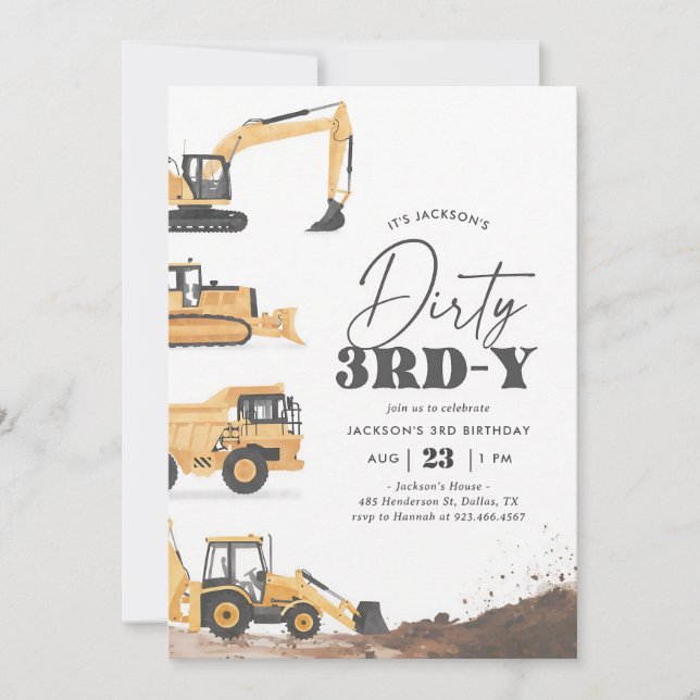 Dirty 3rd Construction Vehicle Birthday Invitation (Front)