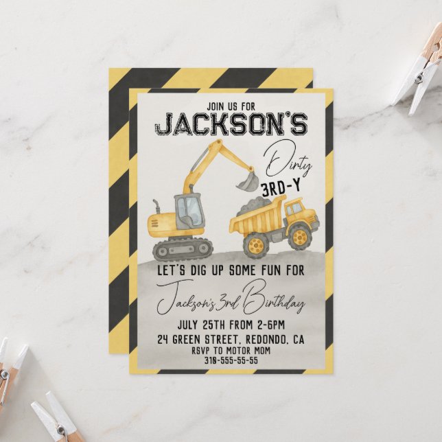 Dirty 3rd-y Construction Birthday invitation (Front/Back In Situ)