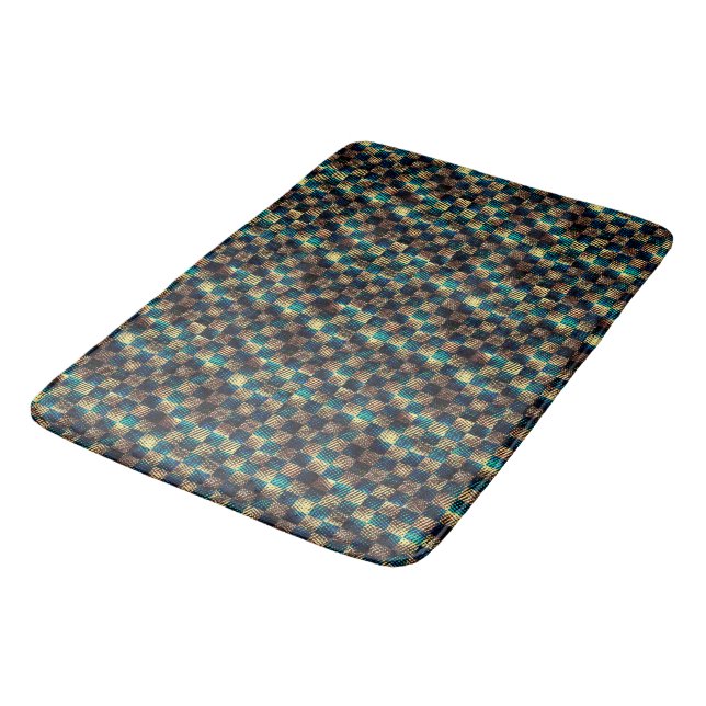 Dirty chess and scratched effect, yellow and blue bath mat (Angled)